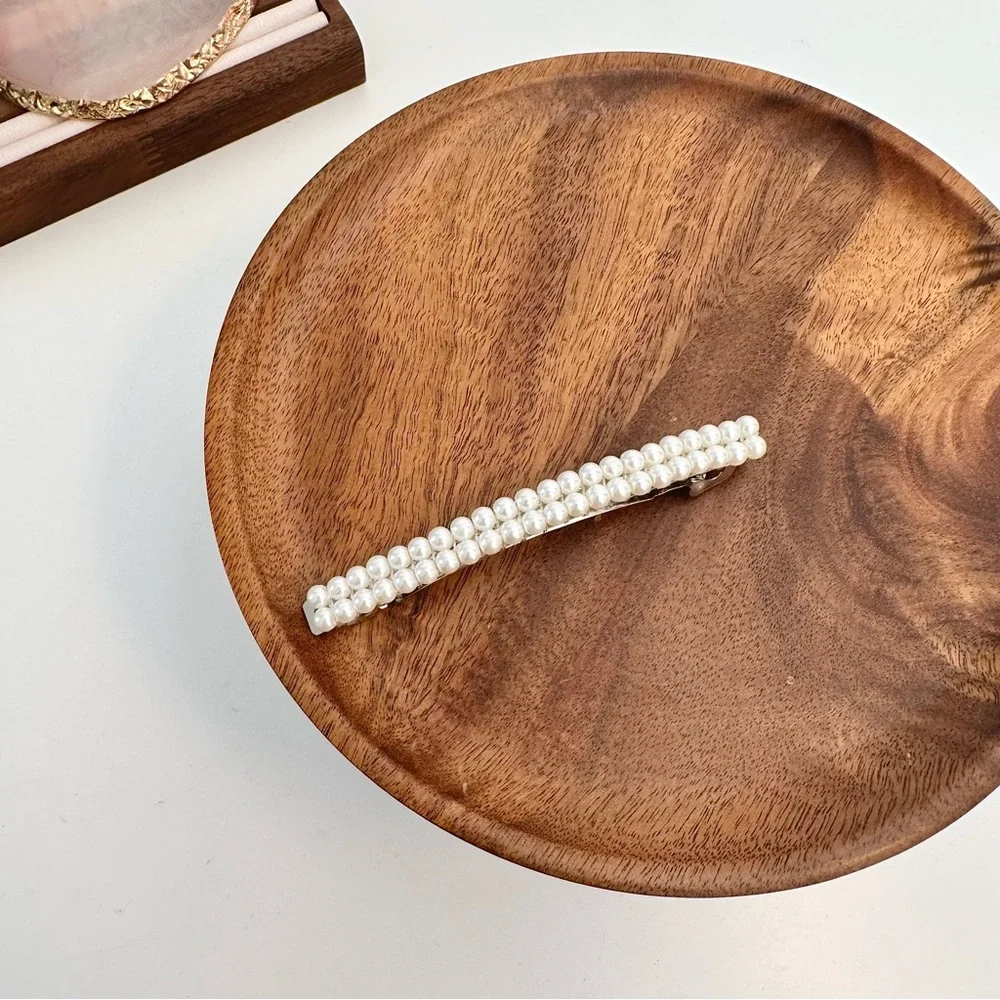 4/$15 Pearls Long Flat Silver Barrette Hair Clip